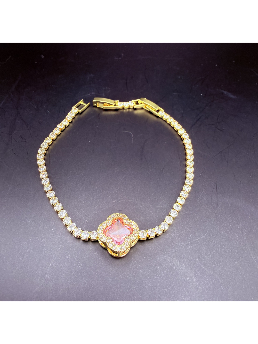 candy+clover pink clover statement gold tone tennis bracelet